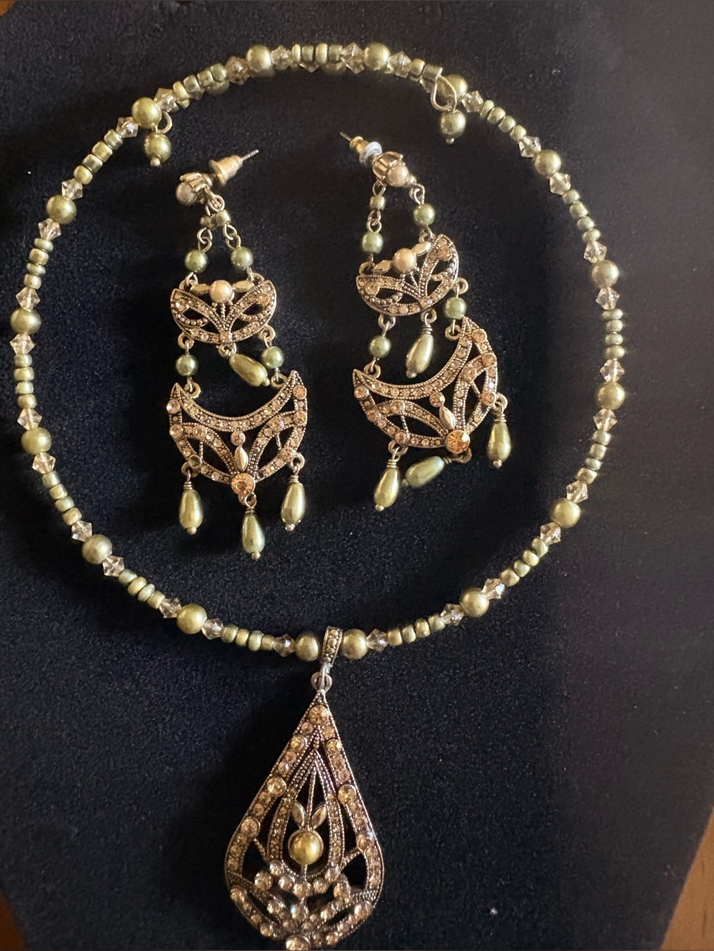Elegant Gold-Tone Green Bead Pendant Necklace and Earrings Set Monet